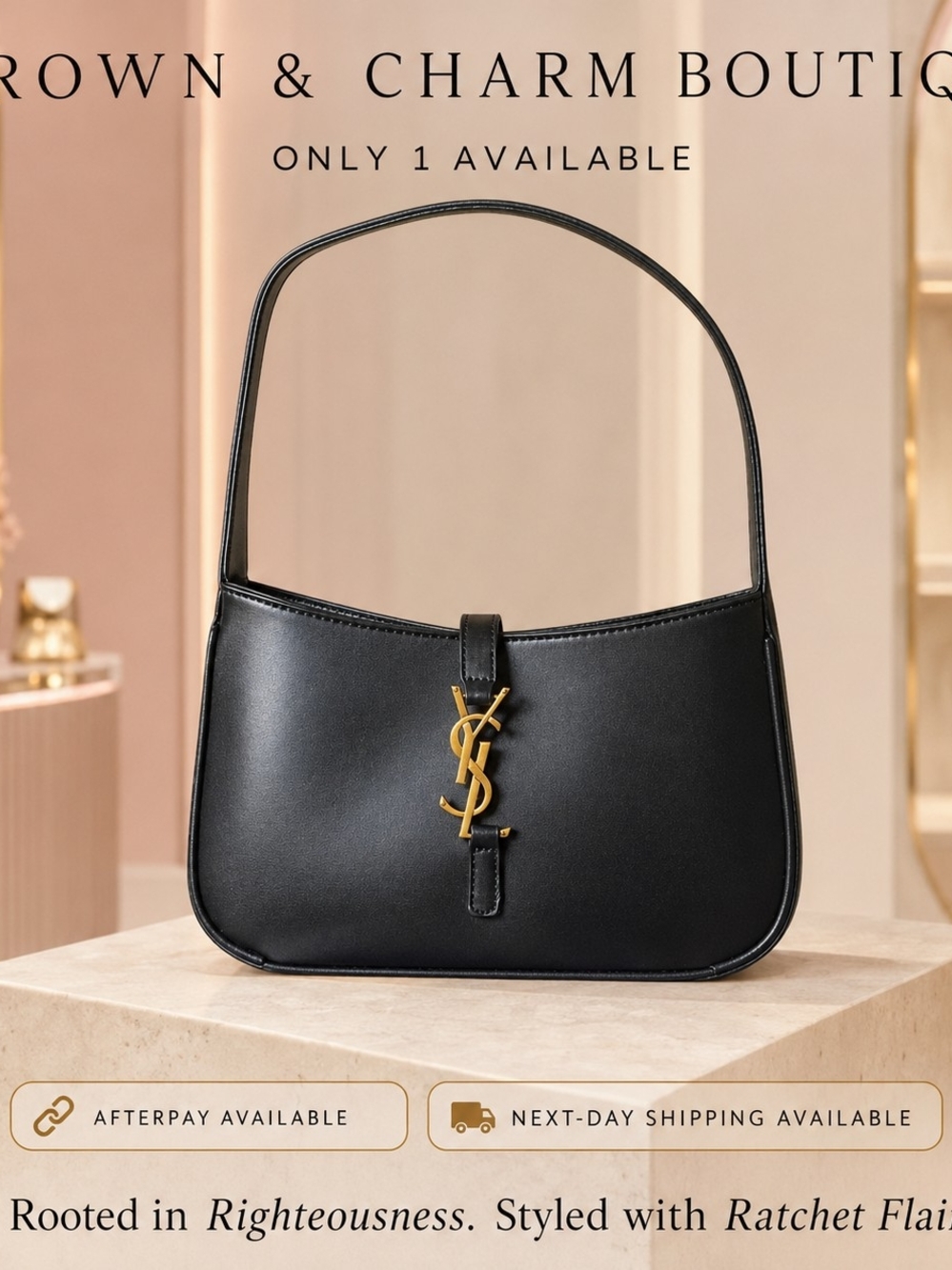 Black Leather Shoulder Bag with Gold Logo Accent
